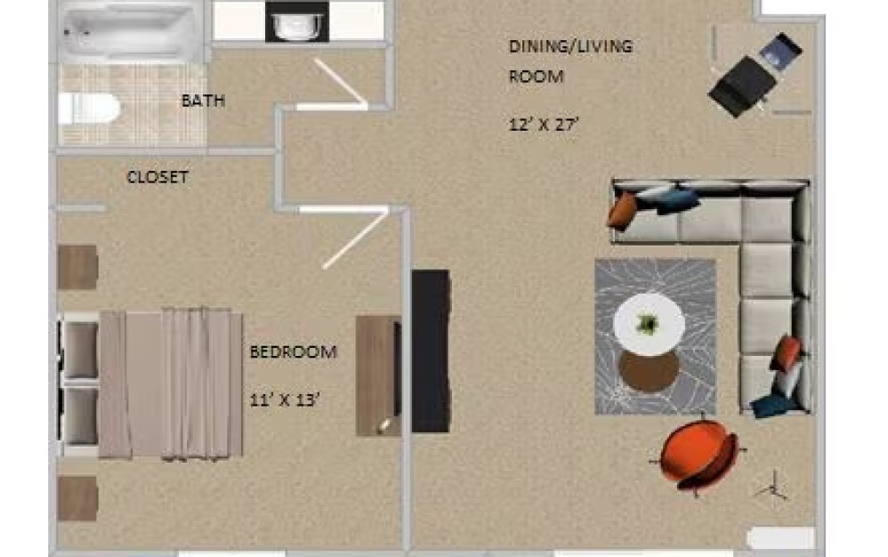 A6 - 1 bedroom floorplan layout with 1 bathroom and 650 square feet