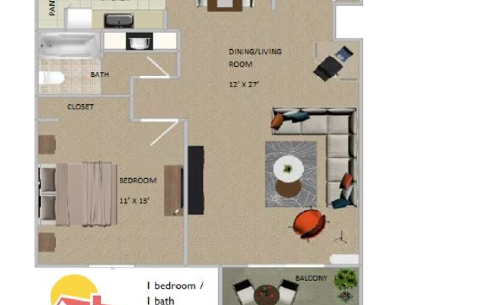 A6 - 1 bedroom floorplan layout with 1 bathroom and 650 square feet