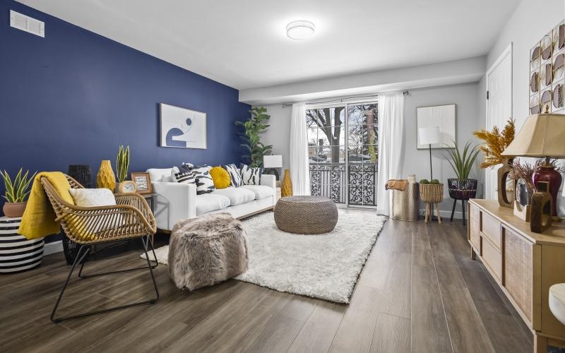 a living room with a large rug